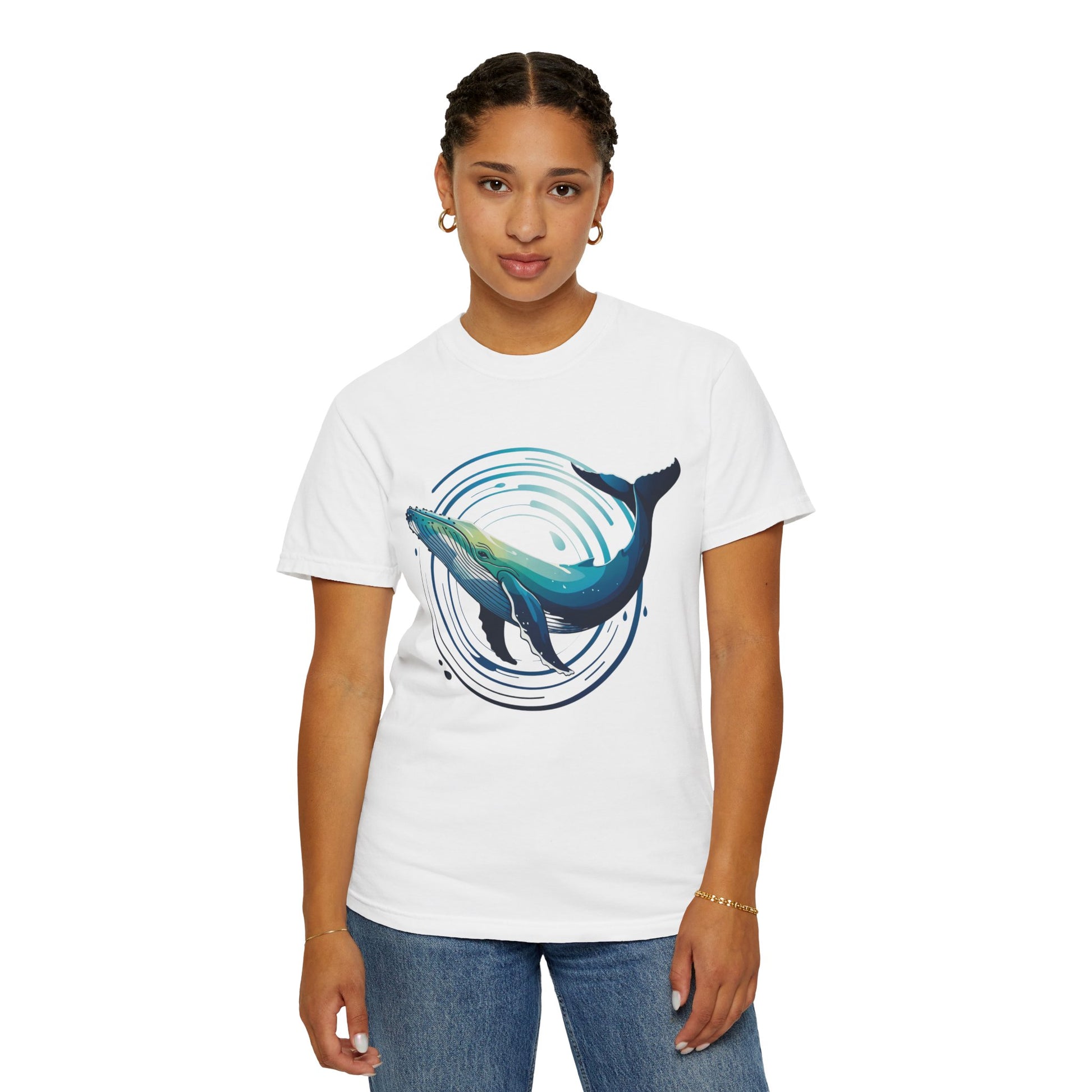 Ocean Wave with Humpback Whale Fin Design T-Shirt showcases a dynamic circular abstract ocean scene with a stylized whale fin, ideal for ocean enthusiasts seeking unique, artistic casual wear.