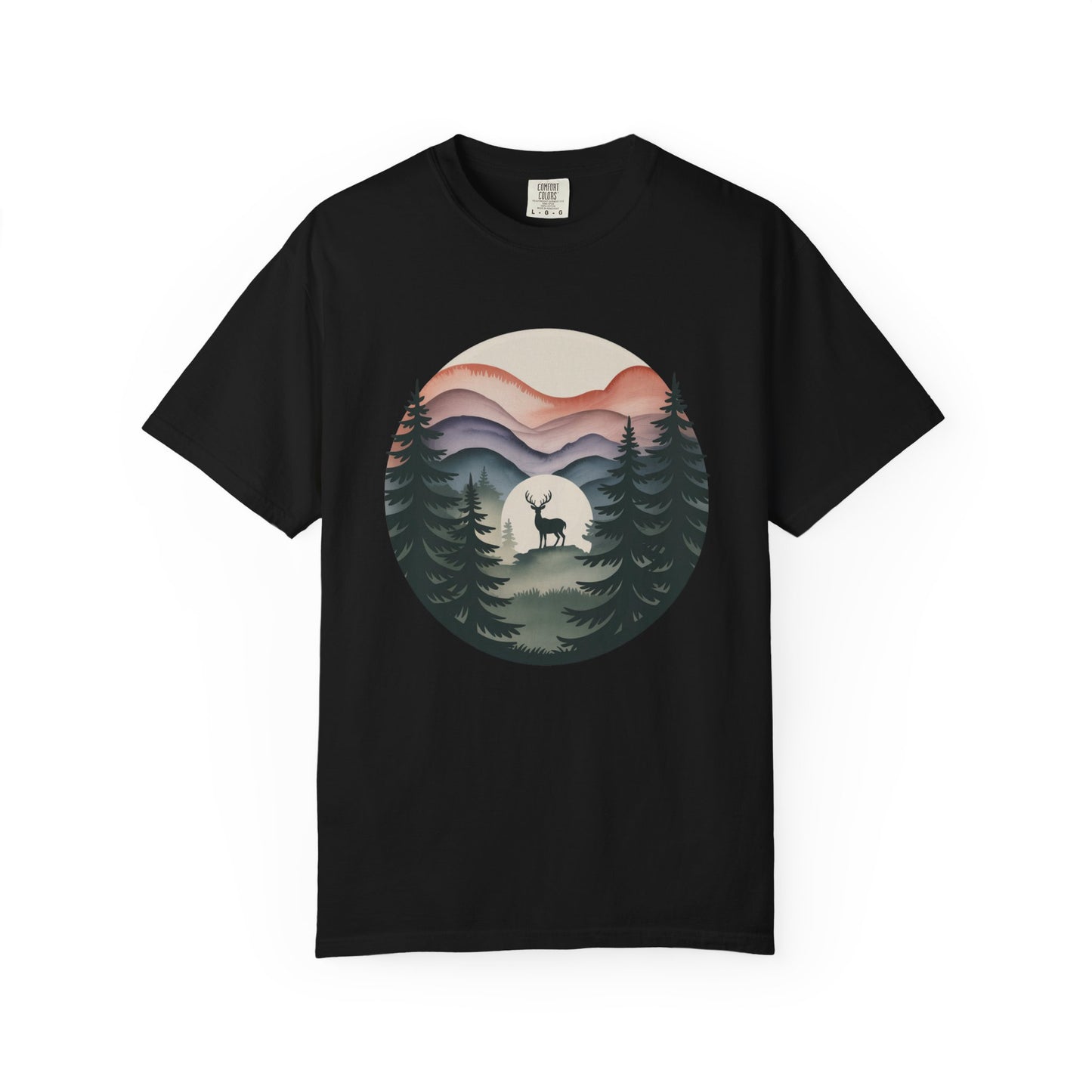Nature Wanderer T-Shirt showcasing indigo-to-lavender mountain silhouettes, a celestial moon, and a minimalist stag, embodies wilderness and tranquility, perfect for nature lovers seeking comfort and style from FireBrook Essentials.