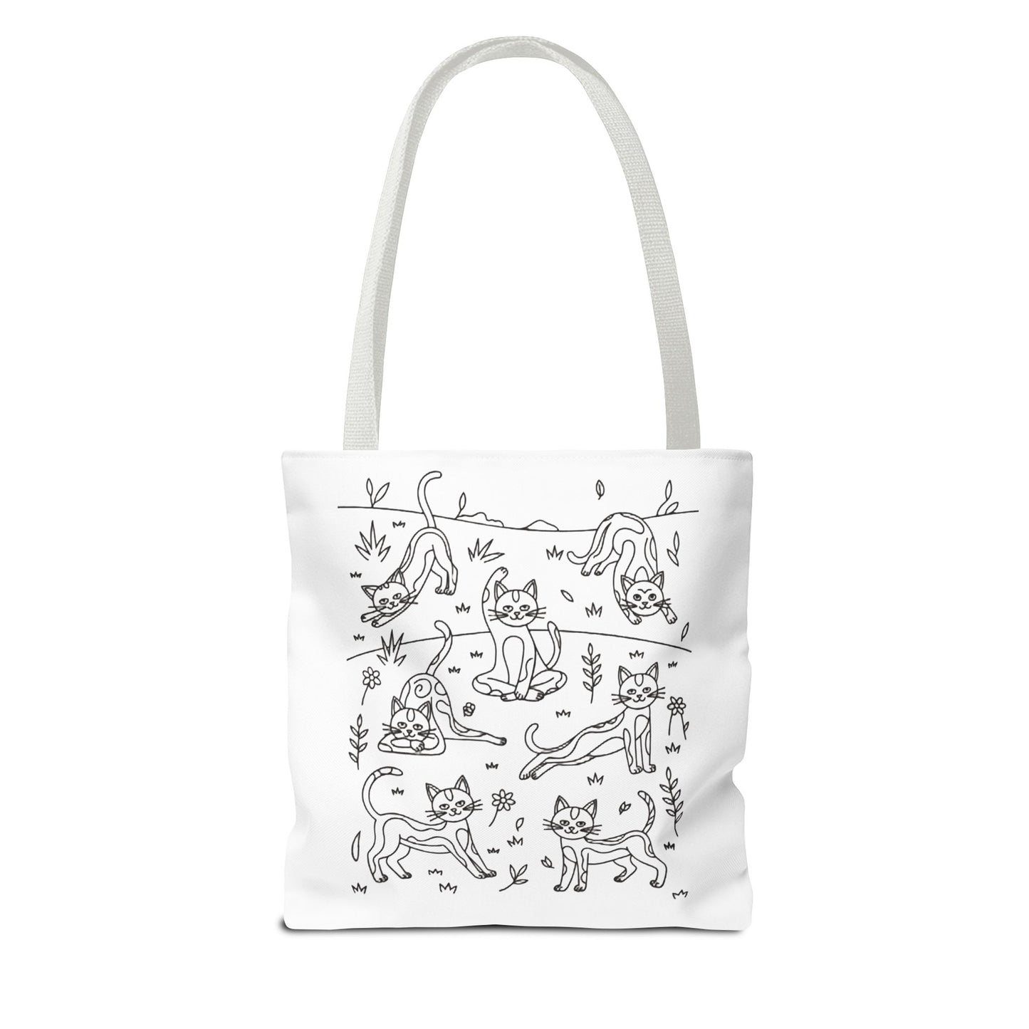 Yoga Cat Tote Bag featuring whimsical cat yoga poses, ideal for cat lovers and yoga enthusiasts. Durable polyester with reinforced handles and boxed corners, perfect for carrying essentials. Available in multiple sizes.