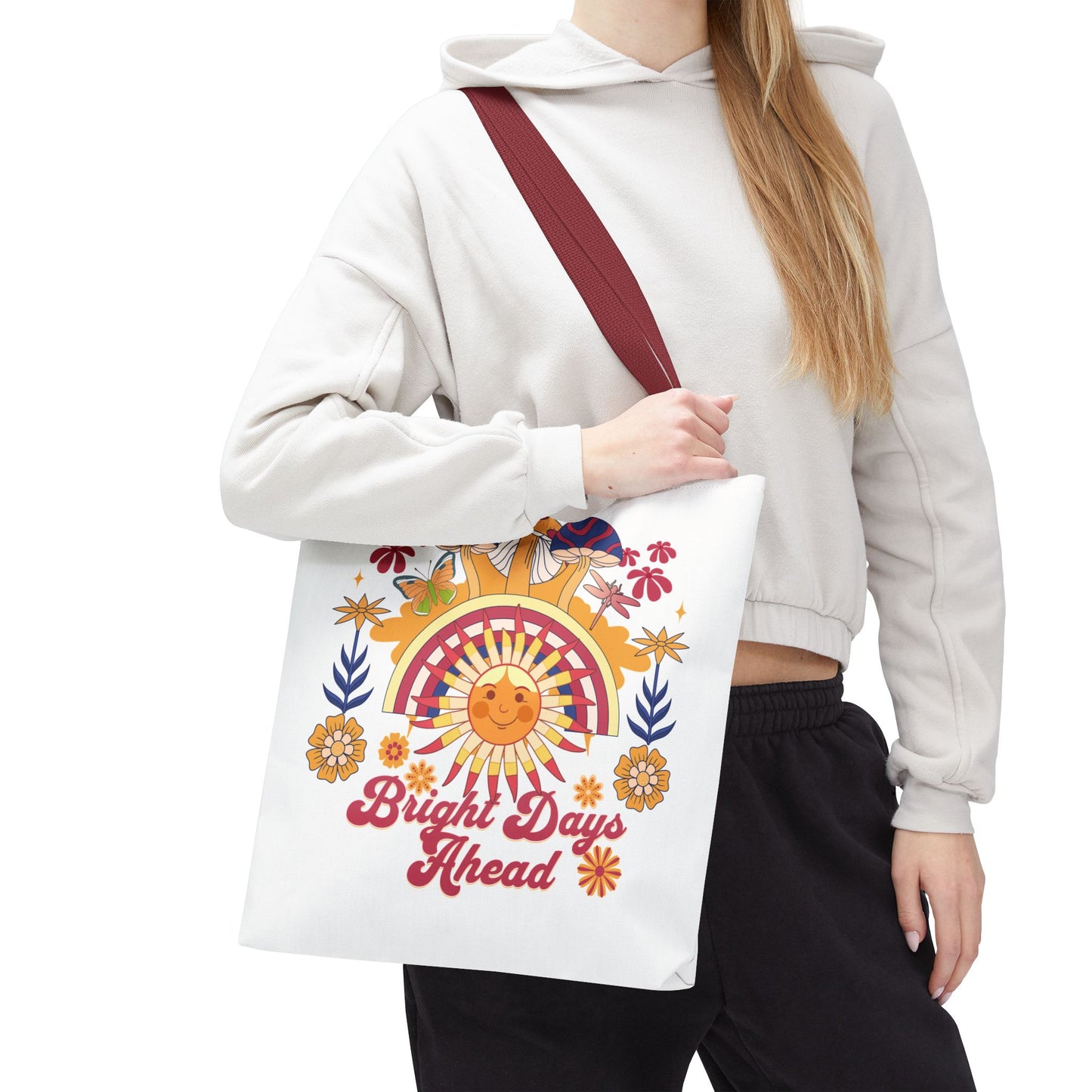 Bright Days Ahead Sunshine Floral Tote Bag features cheerful sunshine, flowers, and butterflies, perfect for outdoor adventures. Designed for strength and durability, it embodies FireBrook Essentials' uplifting and joyful style.