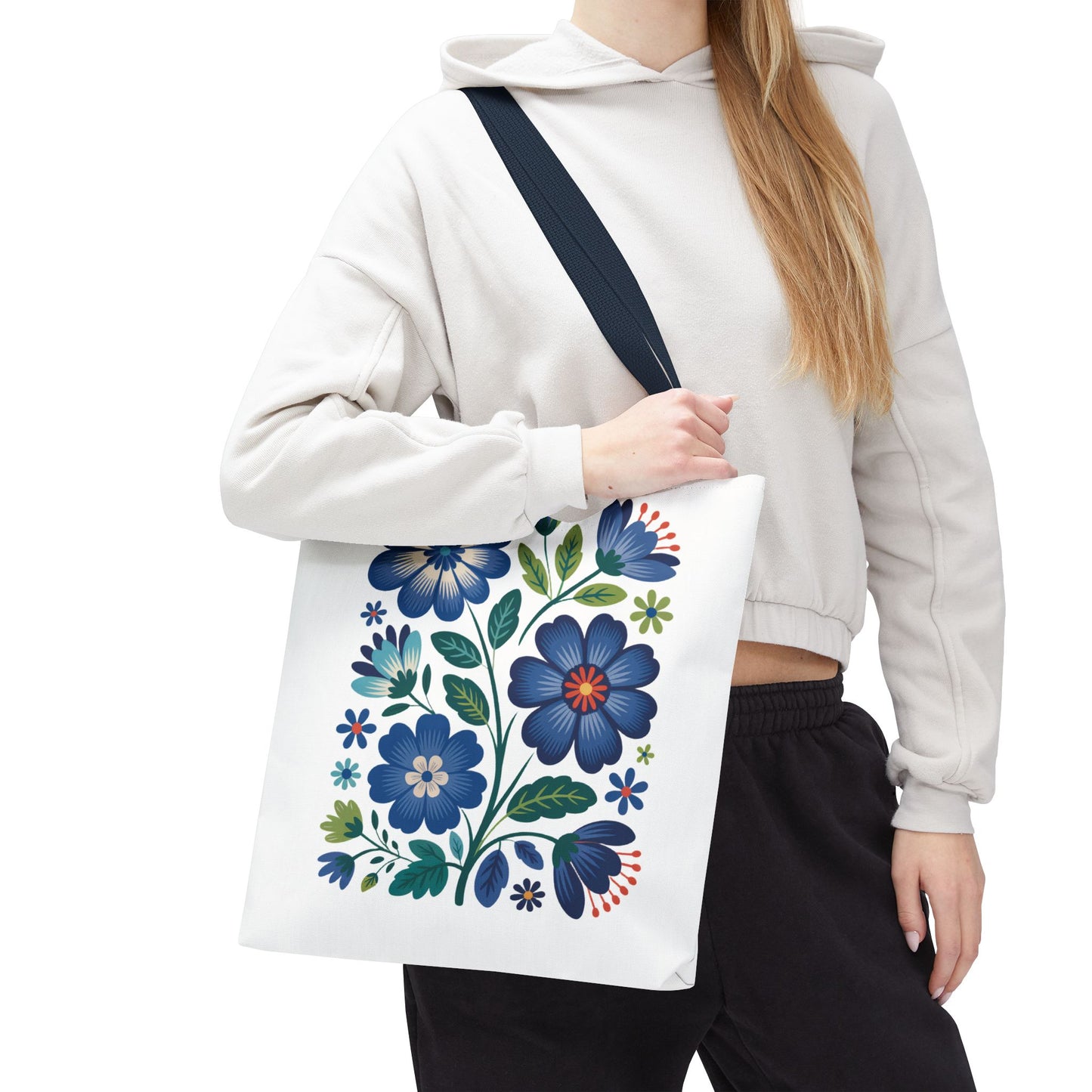 Vintage Blue Floral Tote Bag with a charming, nostalgic design, ideal for daily use or special occasions. Features durable polyester, reinforced handles, and boxed corners for extra space. Available in multiple handle colors.