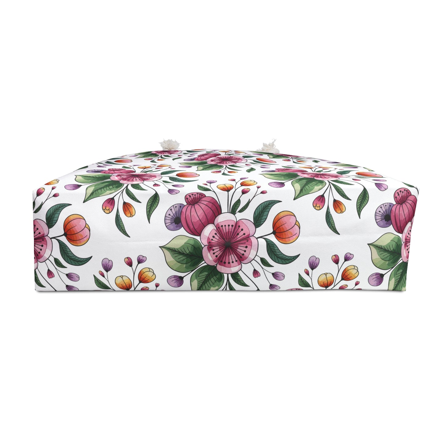 Botanical Weekender Bag with a whimsical floral and leaf pattern, designed for style and practicality with durable rope handles, perfect for joyful weekend getaways.