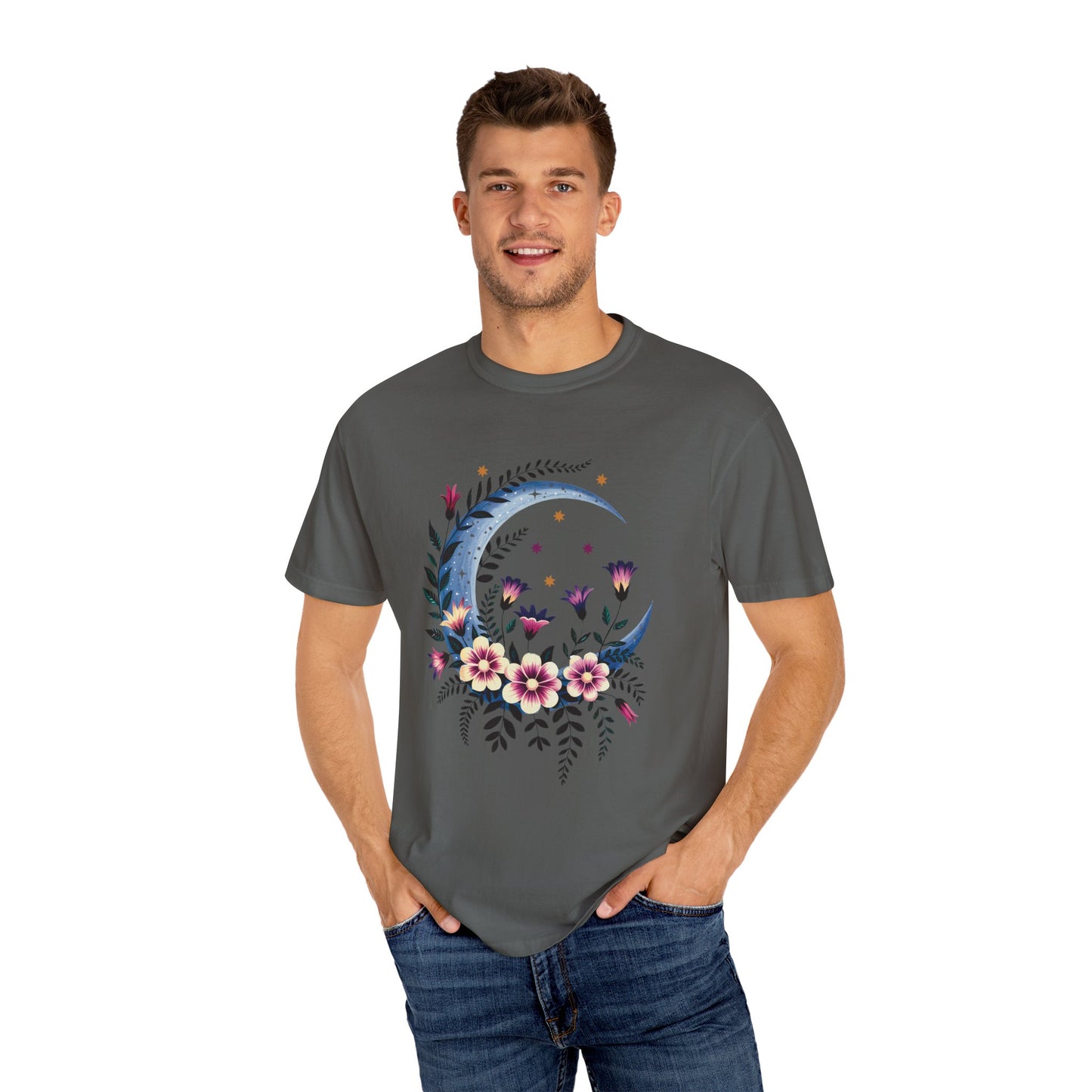 Crescent Moon Floral T-Shirt featuring a bohemian design with intricate floral patterns, perfect for nature lovers seeking casual elegance. Ideal for relaxed gatherings, aligned with FireBrook Essentials' uplifting and stylish ethos.