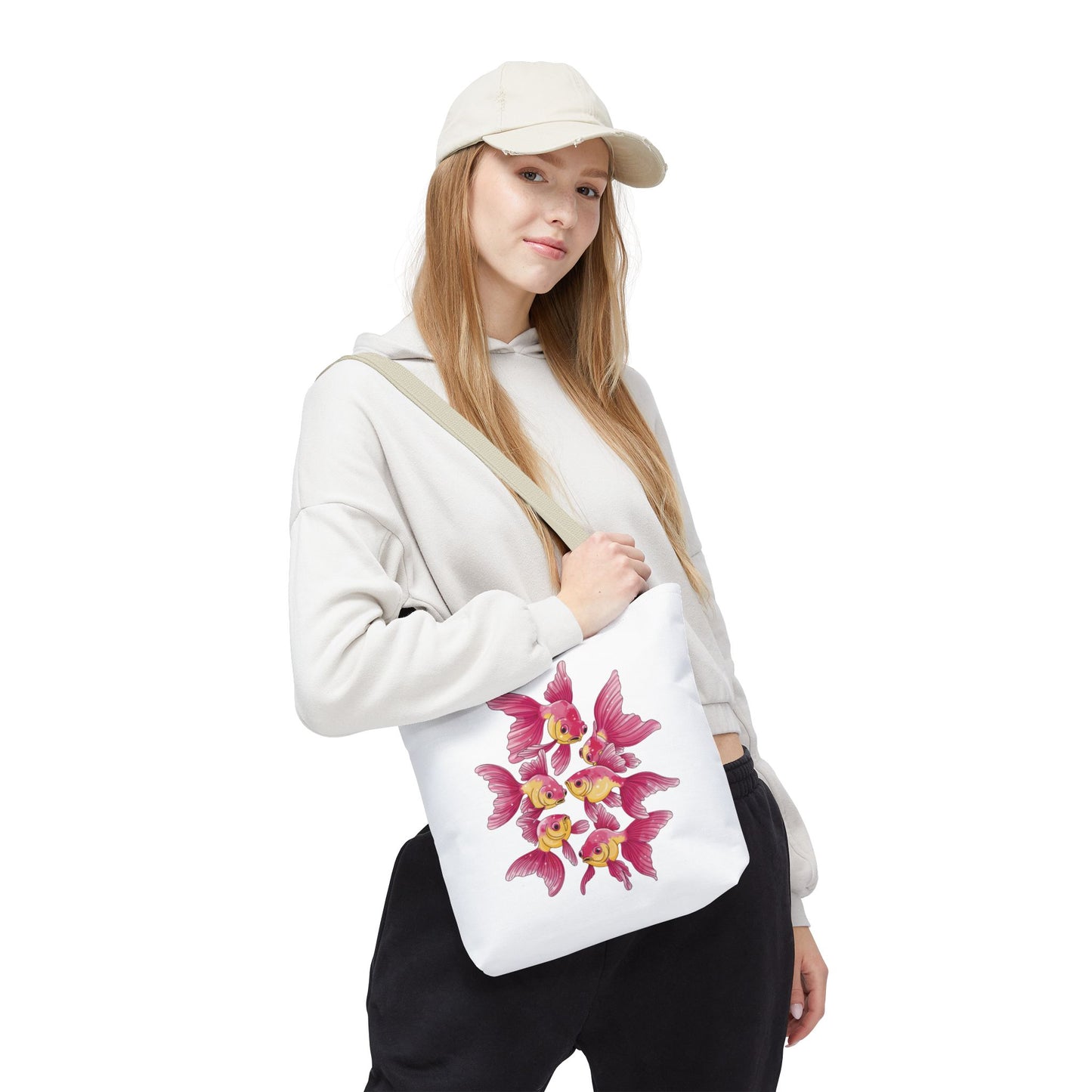 Fish Tote Bag - School of Fish Design: A durable polyester tote featuring a tranquil fish pattern, ideal for beach trips and marine enthusiasts, with reinforced handles and boxed corners for extra capacity.