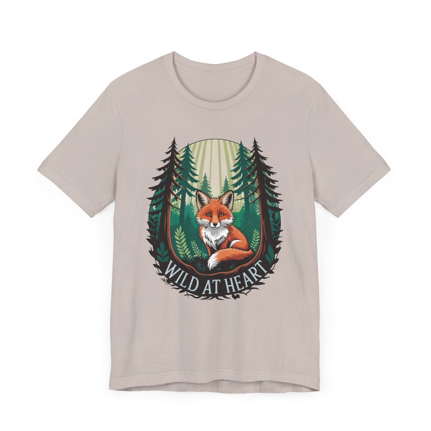 Wild at Heart Fox Illustration Bella+Canvas Unisex T-Shirt featuring a whimsical cartoon fox amidst trees, perfect for nature enthusiasts. Comfortable and lightweight, ideal for casual wear.