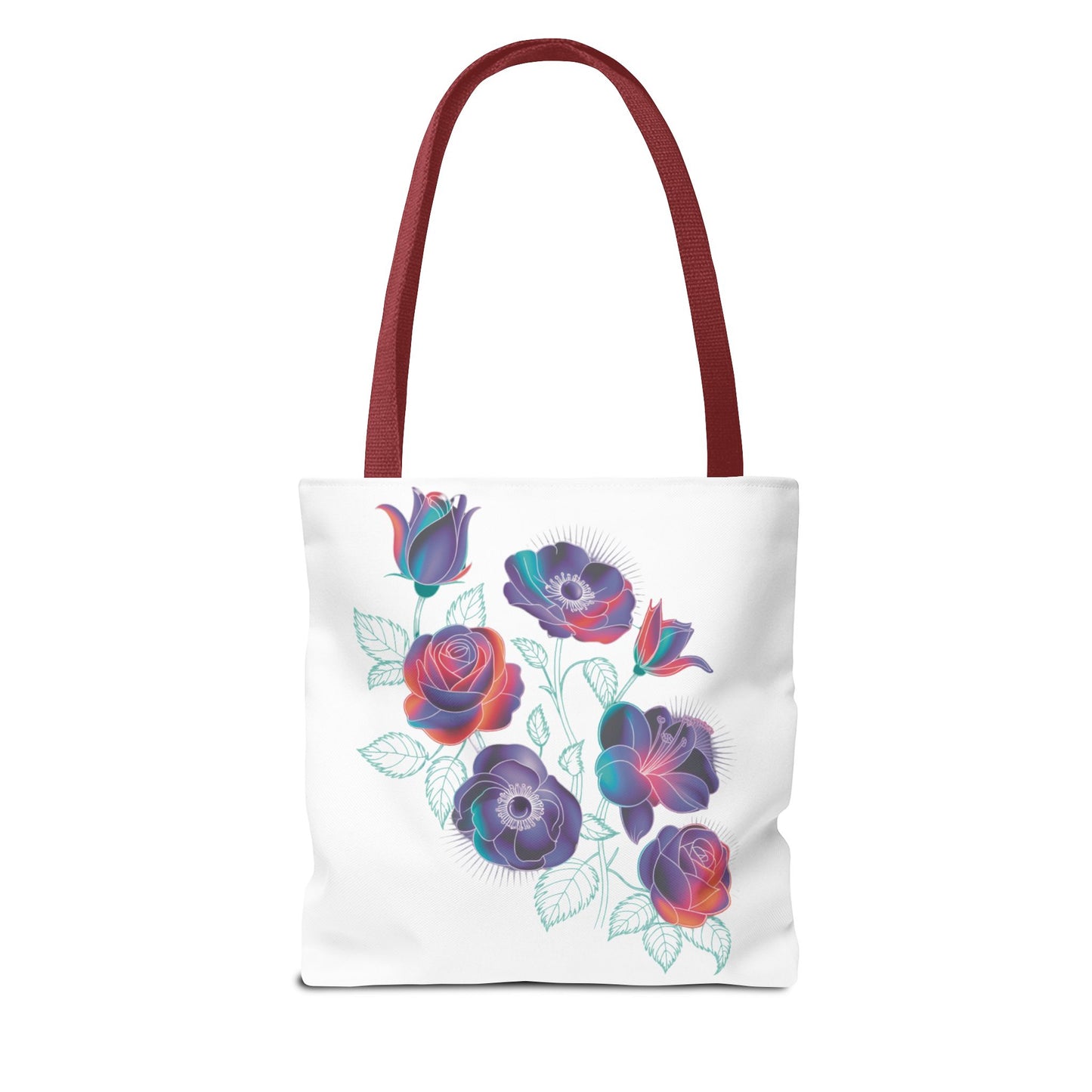 Vibrant Rose, Anemone, Lily Silhouettes Neon Floral Tote Bag showcasing colorful floral silhouettes on a dark backdrop, ideal for stylishly brightening everyday essentials. Durable with customizable handles, available in various sizes.