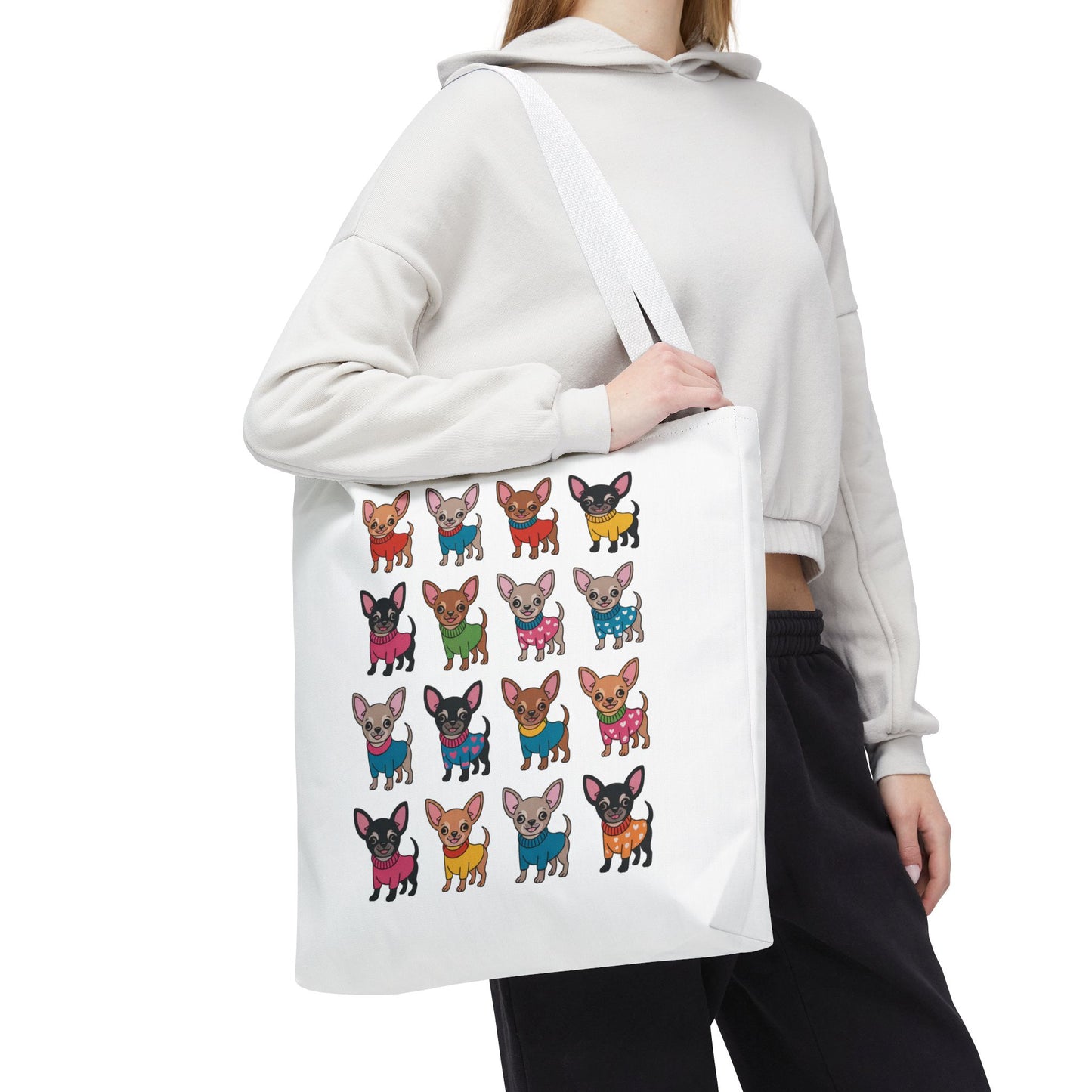 Chihuahua with Wardrobe Portraits Tote Bag showcases charming chihuahua illustrations in various outfits, offering a playful touch for dog lovers. Perfect for errands, this durable tote embodies FireBrook Essentials' cheerful and unique design philosophy.