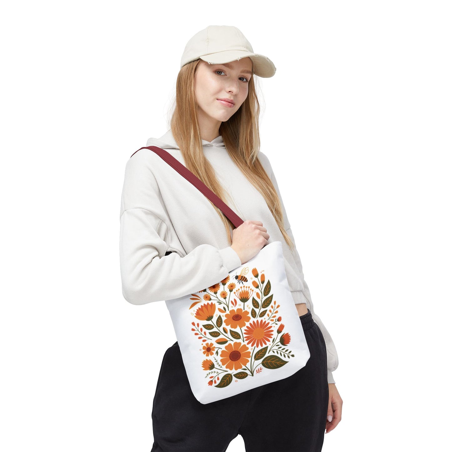 Folk Floral Tote Bag showcasing hand-drawn wildflowers on a white background. Ideal for everyday use, this stylish bag embodies FireBrook Essentials' commitment to uplifting, practical design.