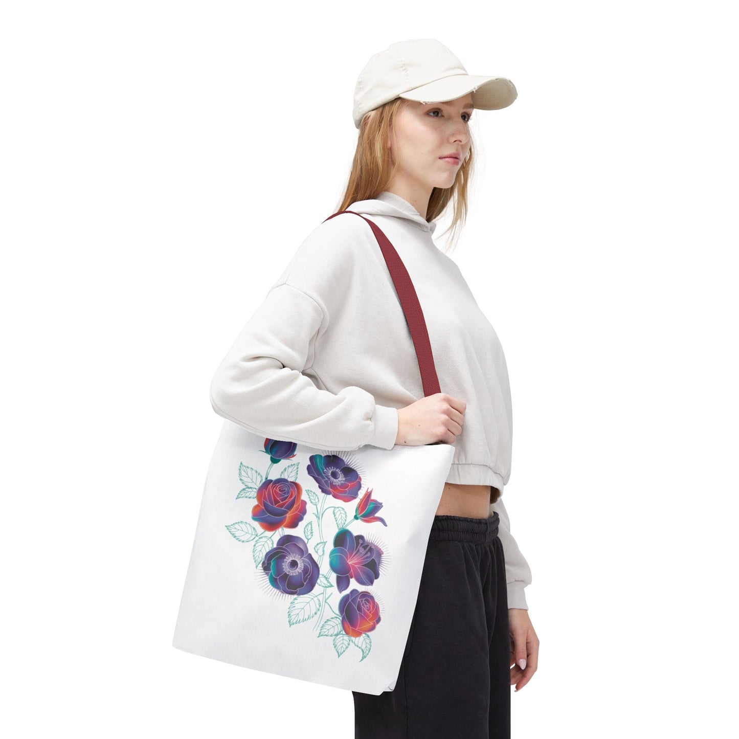 Vibrant Rose, Anemone, Lily Silhouettes Neon Floral Tote Bag featuring colorful floral silhouettes on a dark gray base, perfect for adding style to everyday essentials. Ideal for flower enthusiasts and stylish outings.