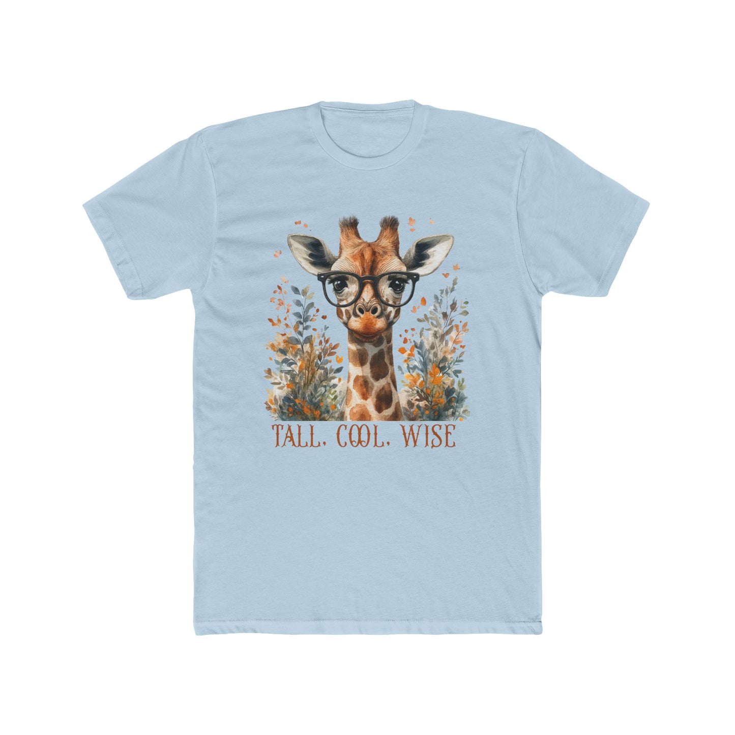 Tall, Cool, Wise Giraffe Next Level Unisex T-Shirt features a giraffe wearing glasses, embodying a whimsical and stylish design, perfect for adding a touch of fun to your winter wardrobe.