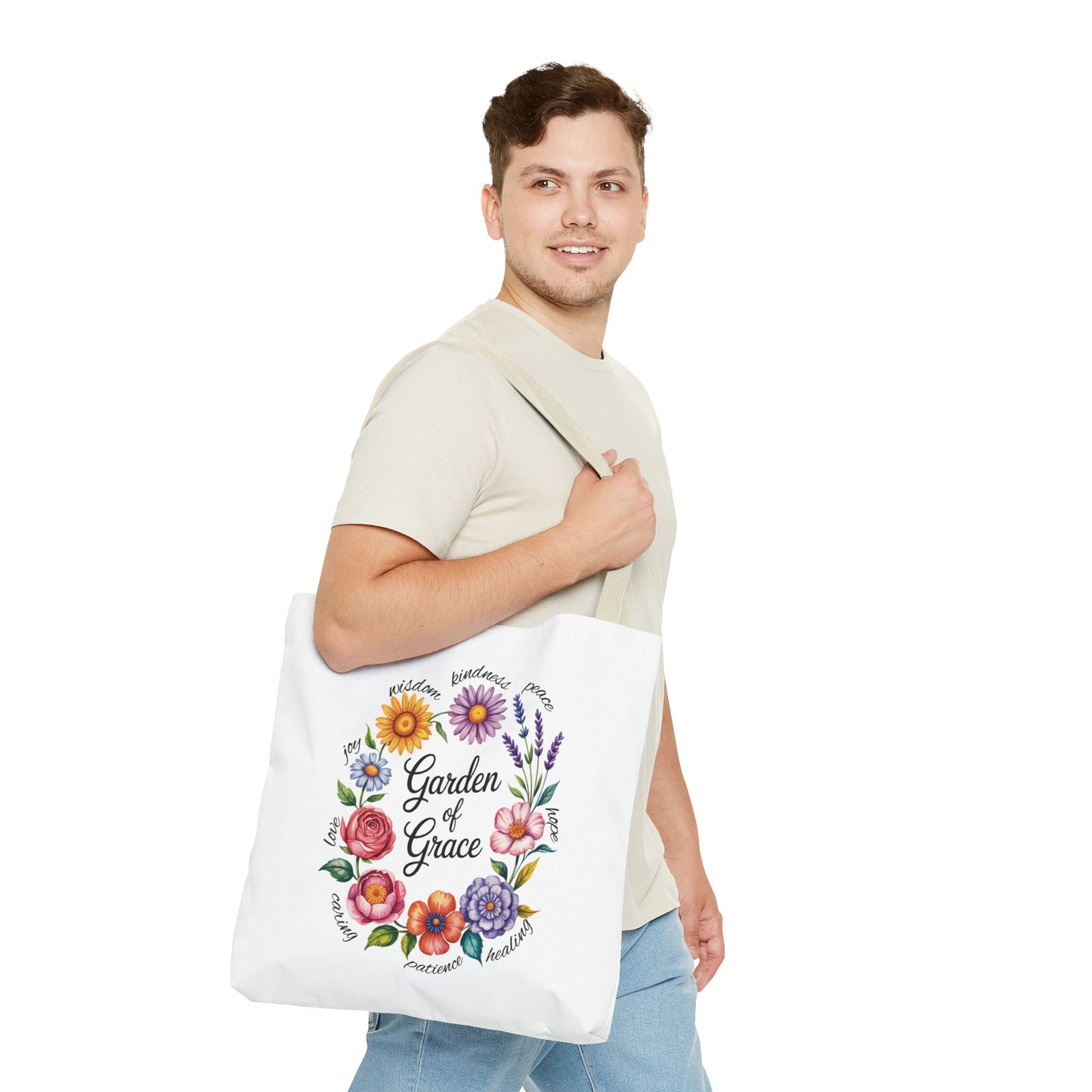 Garden of Grace Watercolor Design Tote Bag features hand-drawn flowers with pastel hues, elegant script text, and sturdy handles, embodying FireBrook Essentials' blend of style and positivity for everyday charm.