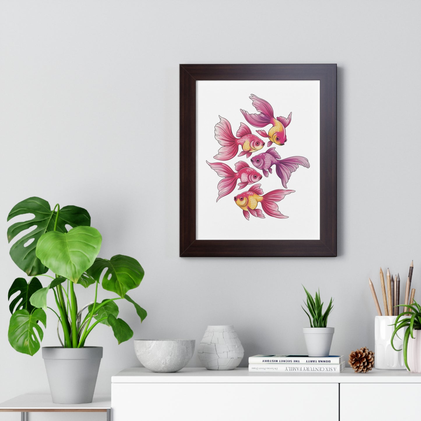 Goldfish Wall Art: A semi-realistic watercolor illustration of goldfish with oversized fins on museum-grade paper, ideal for vibrant decor. Includes framing options and hanging hardware for easy display.
