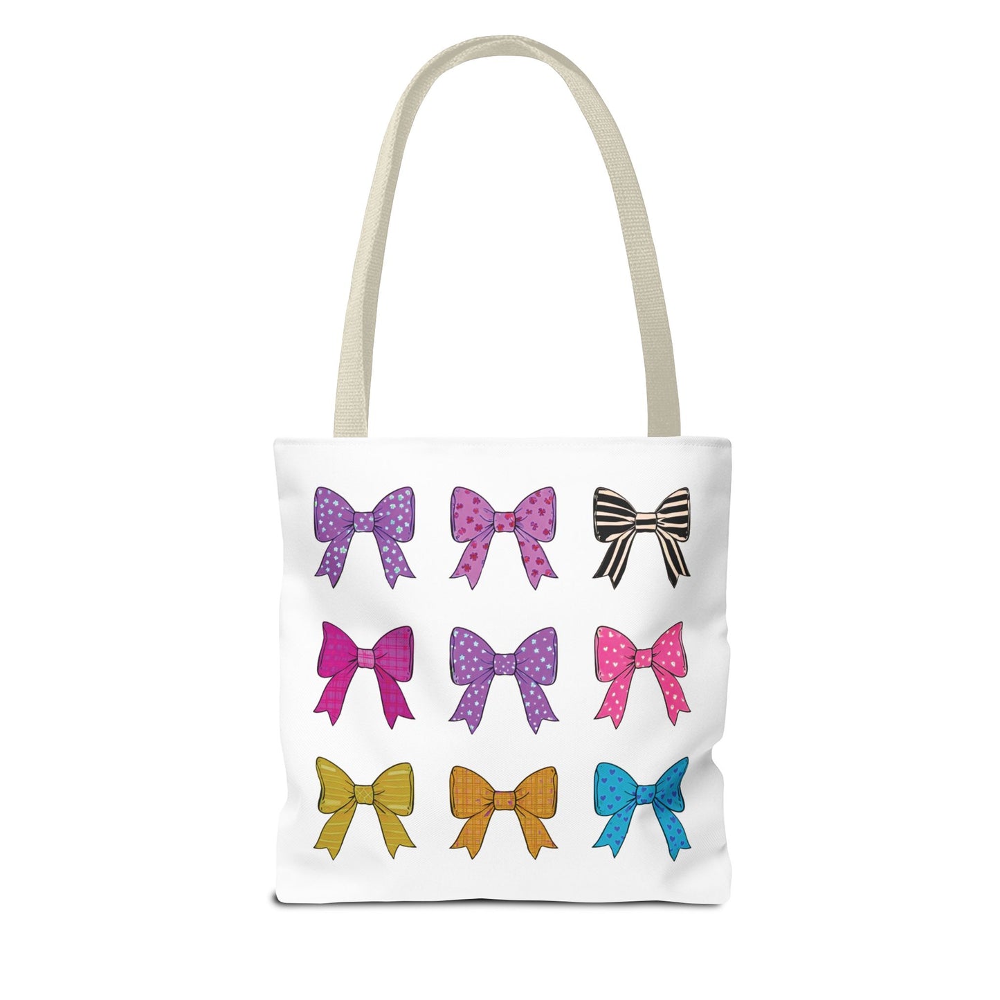 Bows Ribbons Tote Bag with colorful bow patterns, featuring durable polyester, spacious design, and reinforced handles for stylish, practical everyday use.