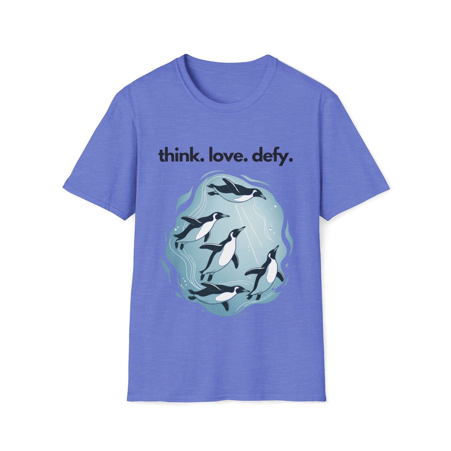 Think Love Defy Penguin Animal Nature Gildan Unisex T-Shirt featuring playful penguins in water on a blue background, ideal for nature lovers seeking comfortable, stylish, and uplifting attire.