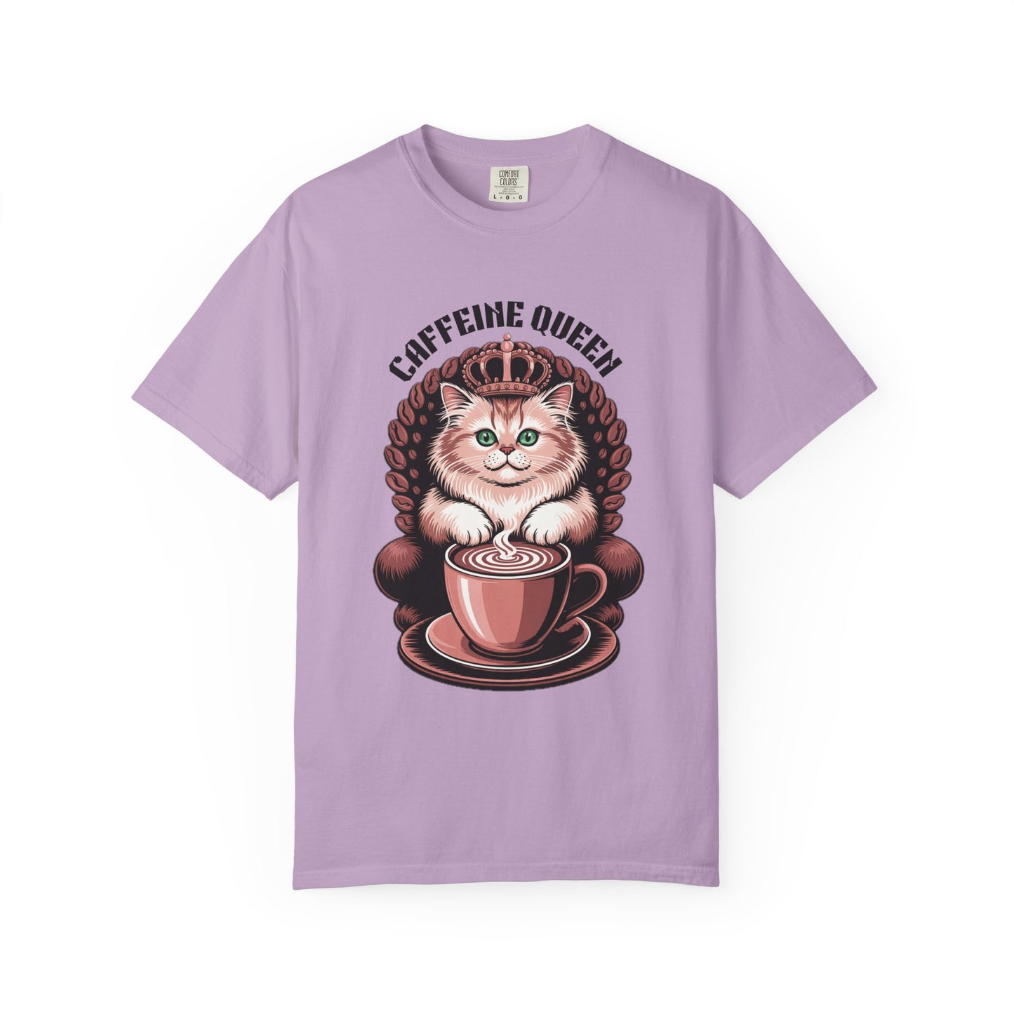 Cat Caffeine Queen T-shirt featuring a cartoon cat with a crown and coffee beans, embodying playful style and comfort, perfect for cat and coffee lovers.