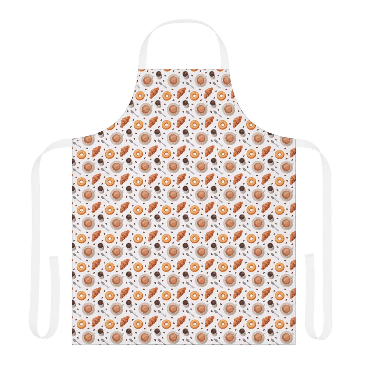 Apron Coffee Cups Donuts Croissants Beans Spoon: A charming apron with a playful design of coffee cups, donuts, croissants, beans, and spoons, reflecting FireBrook Designs' uplifting and joyful aesthetic.
