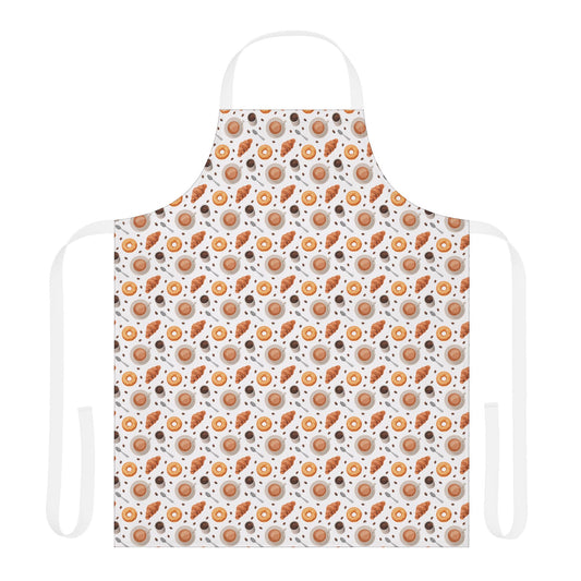 Apron Coffee Cups Donuts Croissants Beans Spoon: A charming apron with a playful design of coffee cups, donuts, croissants, beans, and spoons, reflecting FireBrook Designs' uplifting and joyful aesthetic.