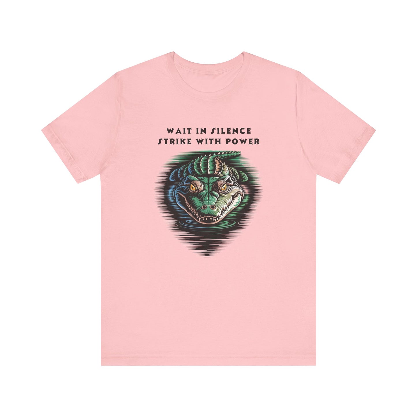 Crocodile: Walk in Silence, Strike with Purpose Bella+Canvas Unisex T-Shirt featuring a detailed cartoon crocodile design, highlighting a unique style perfect for casual or statement wear.