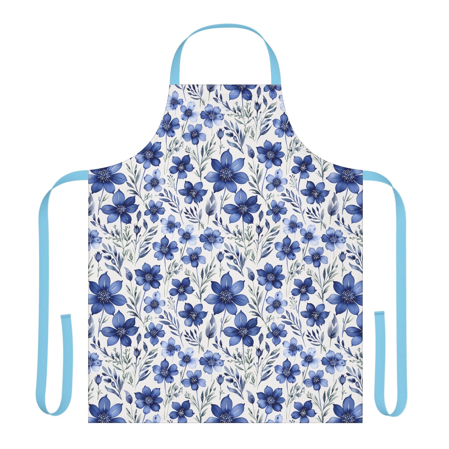 Apron, Blue Wildflower Pattern: A close-up of a hand-painted indigo blue wildflower design on an apron, showcasing its artistic, calming watercolor texture, perfect for adding style and positivity to daily tasks.