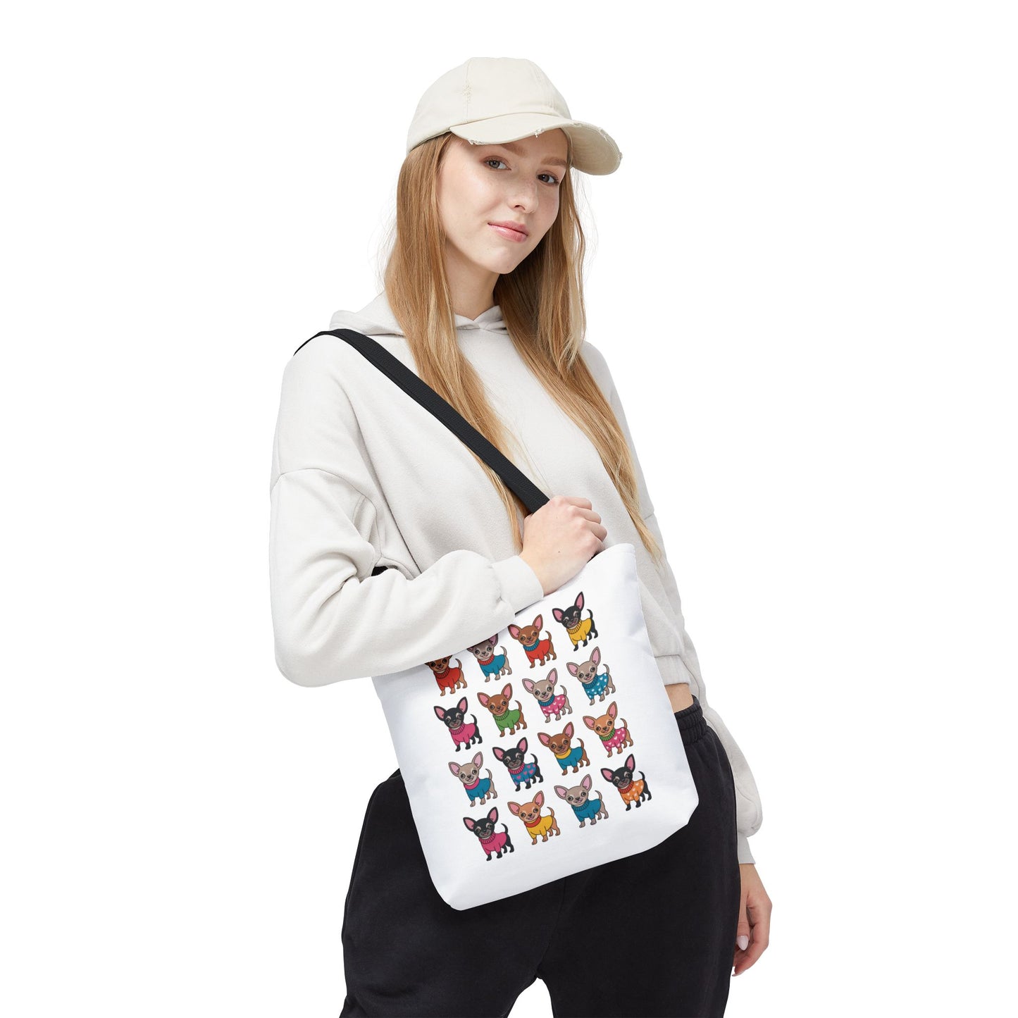 Chihuahua with Wardrobe Portraits Tote Bag: Showcases cute chihuahua portraits in various outfits, perfect for dog lovers. Durable polyester with reinforced handles, available in multiple sizes. Ideal for gifting and everyday use.