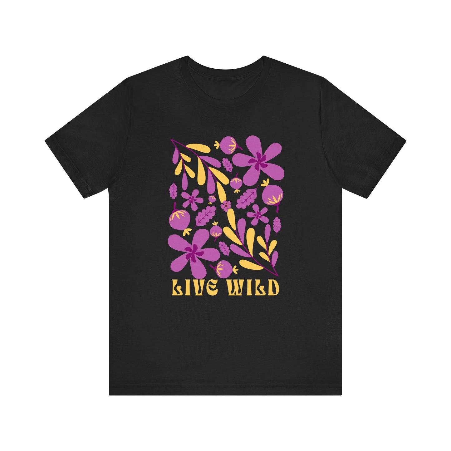 Live Wild Floral Bella+Canvas Unisex T-Shirt featuring a black base with vibrant purple and yellow floral design, perfect for nature enthusiasts seeking a stylish, comfortable garment for casual outings.
