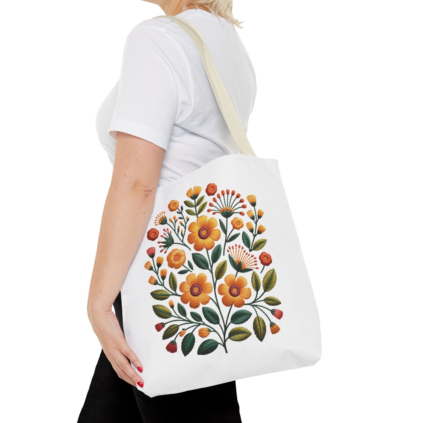 Folk Art Floral Faux Embroidery Style Tote Bag with vibrant floral design in earthy tones, showcasing mustard and goldenrod flowers. Perfect for daily essentials, blending artistic charm with durability and style.