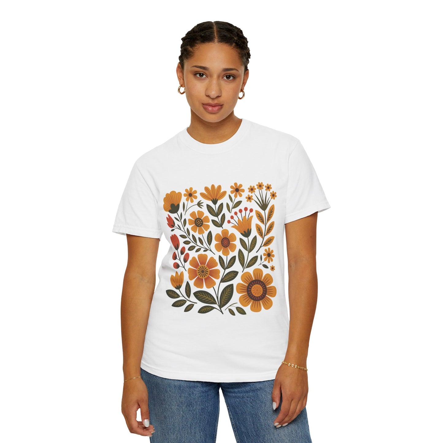Folk Art in Warm Yellows Floral T-Shirt: This T-shirt features a folk art floral design in warm tones, perfect for casual wear. Made from soft, high-quality cotton, it offers a relaxed fit and comfortable style.