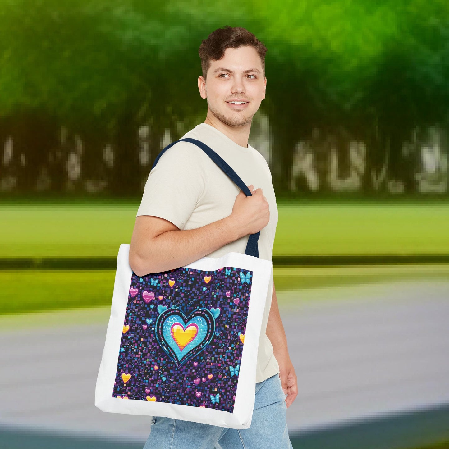 Man carrying Heart Pixelated Nostalgic Cyber-Aesthetic Tote Bag with pixelated heart design, showcasing its stylish and durable features for everyday use.