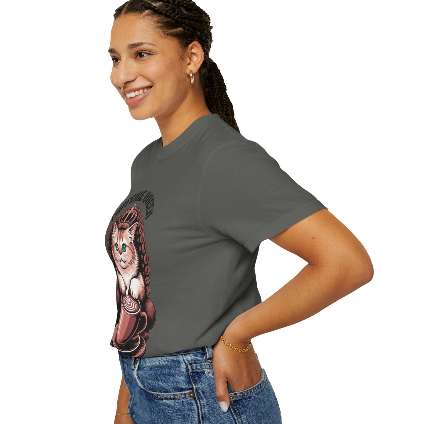 A woman smiles with her hand on her hip, wearing the Cat Caffeine Queen T-shirt, featuring a playful cat graphic, perfect for casual, cozy style from FireBrook Essentials.