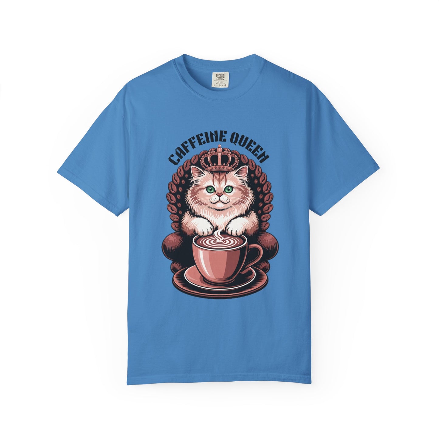 Cat Caffeine Queen T-shirt features a playful cat with a crown enjoying coffee, ideal for cat and coffee lovers seeking a fun, casual style with comfort and positivity.