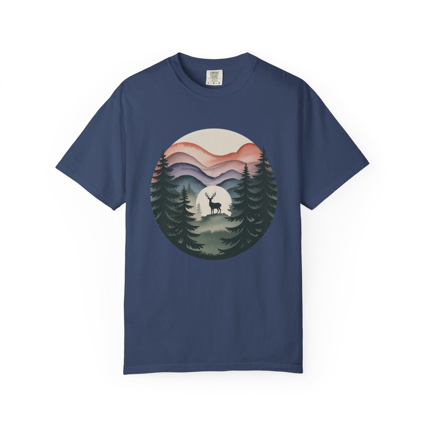 Nature Wanderer T-Shirt showcases a serene pine forest silhouette with layered mountain designs, a celestial moon, and a minimalist stag. Ideal for outdoor enthusiasts seeking comfort and tranquility.