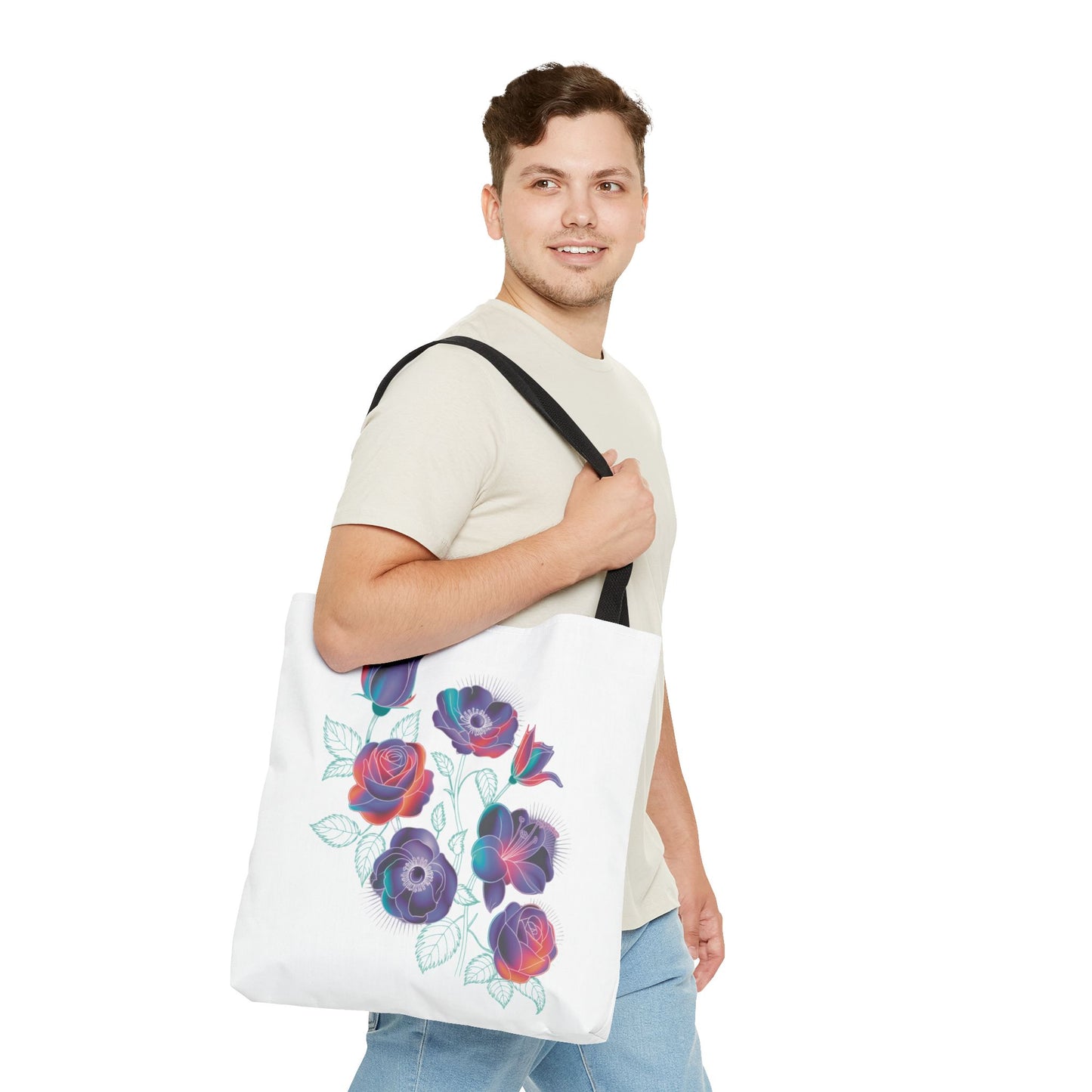 Vibrant Rose, Anemone, Lily Silhouettes Neon Floral Tote Bag showcases colorful floral silhouettes on a dark gray background, ideal for flower enthusiasts seeking a stylish, durable tote for joyful, everyday use.