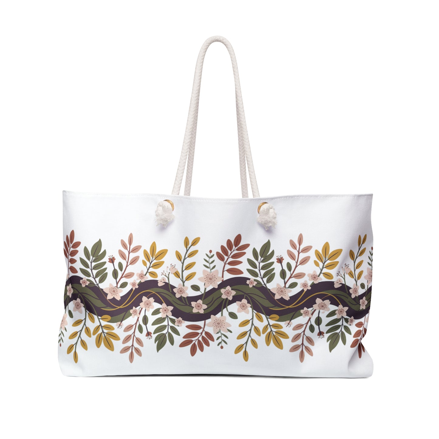 Botanical Weekender Bag featuring a playful horizontal design of flowers and leaves, showcasing rope handles with metal grommets, perfect for stylish travelers seeking functionality and whimsy from FireBrook Designs.