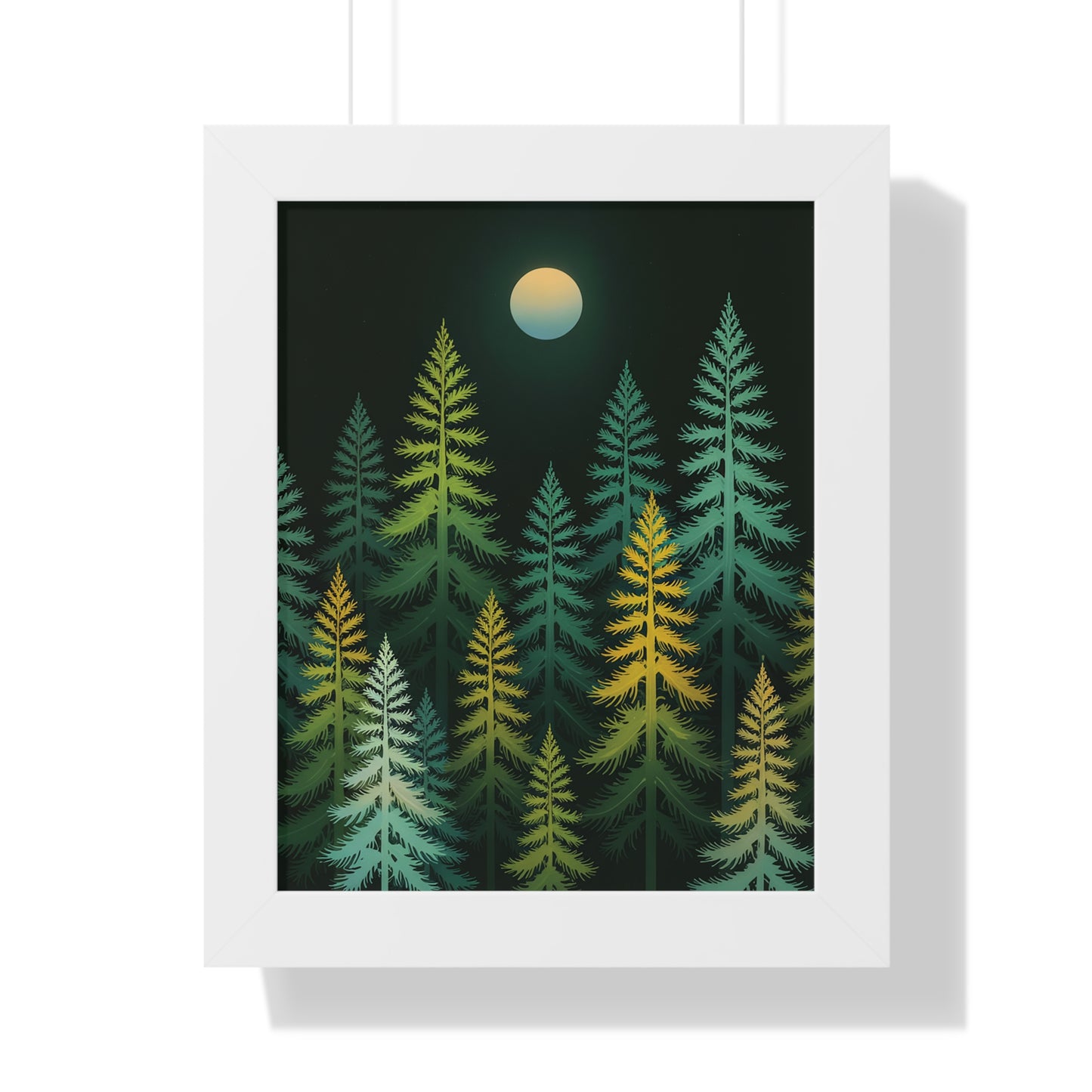 Vertical Forest Poster: A minimalist framed poster featuring stylized tall pine trees against a dark background, perfect for adding a serene, nature-inspired touch to any room.