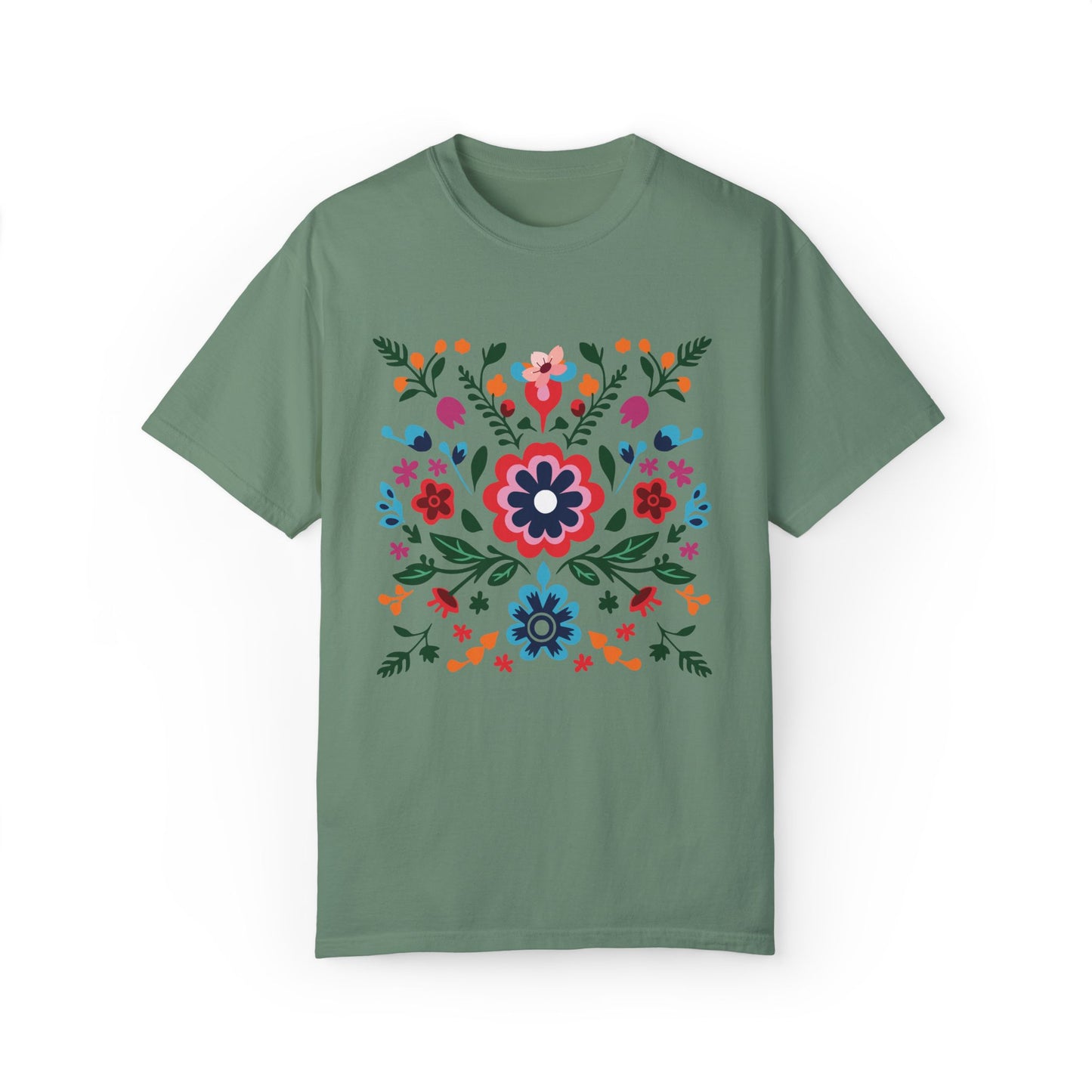 Floral Pattern Comfort Colors Unisex T-Shirt featuring vibrant flowers on a green background, showcasing a crew neckline and relaxed fit for versatile, nature-inspired style from FireBrook Essentials.