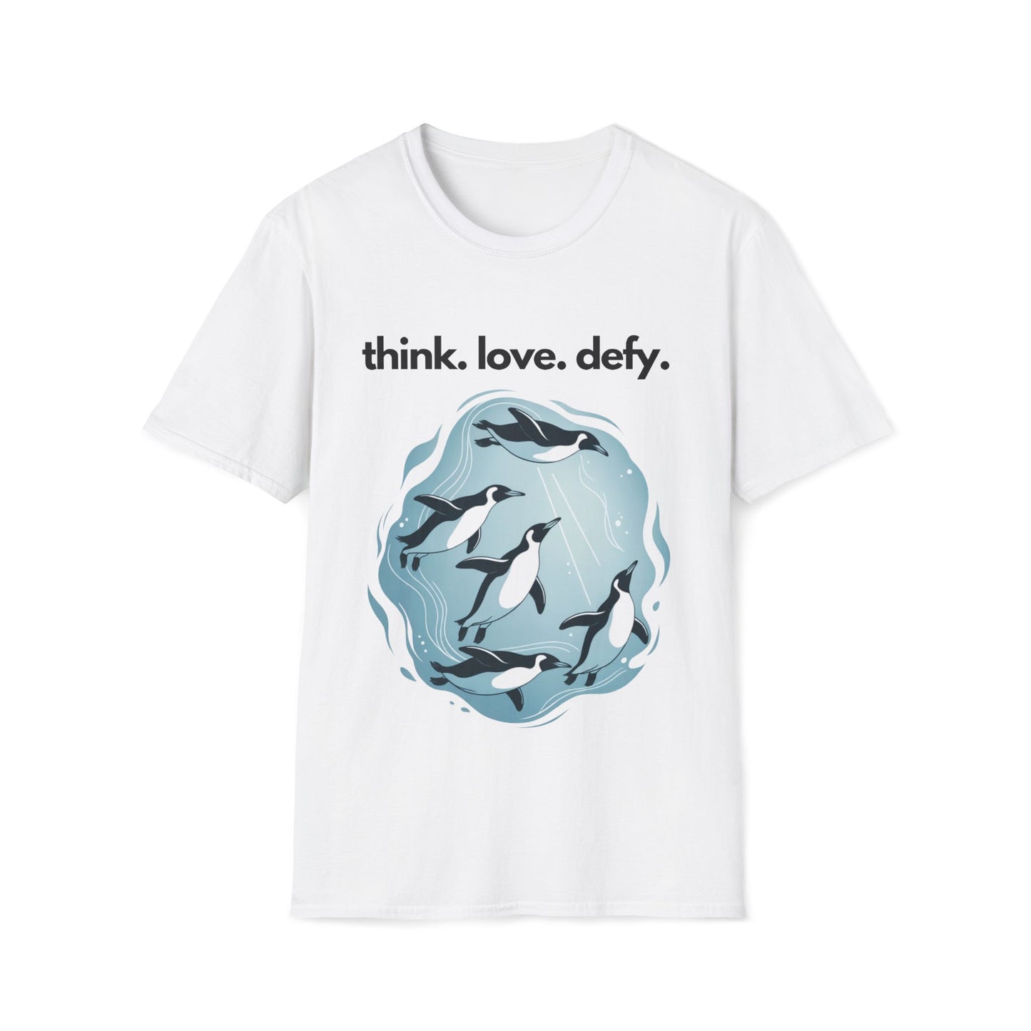 Think Love Defy Penguin Animal Nature Gildan Unisex T-Shirt featuring whimsical penguin designs, ideal for casual wear and nature walks. Made from eco-friendly cotton, providing comfort and style for all ages.