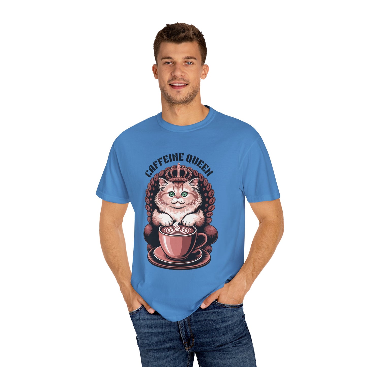 Cat Caffeine Queen T-shirt featuring a playful cat holding a coffee cup, perfect for cat and coffee lovers. The man models the relaxed fit, highlighting the shirt's casual, joyful style.