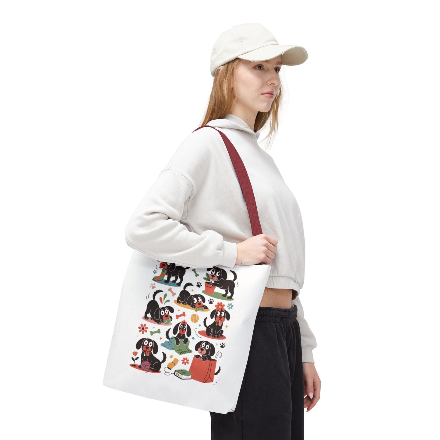 Dog Tote Bag - Playful Cartoon Illustration Design featuring hand-drawn dogs in whimsical poses with everyday items, ideal for dog lovers seeking a joyful, durable shopping or gift bag.