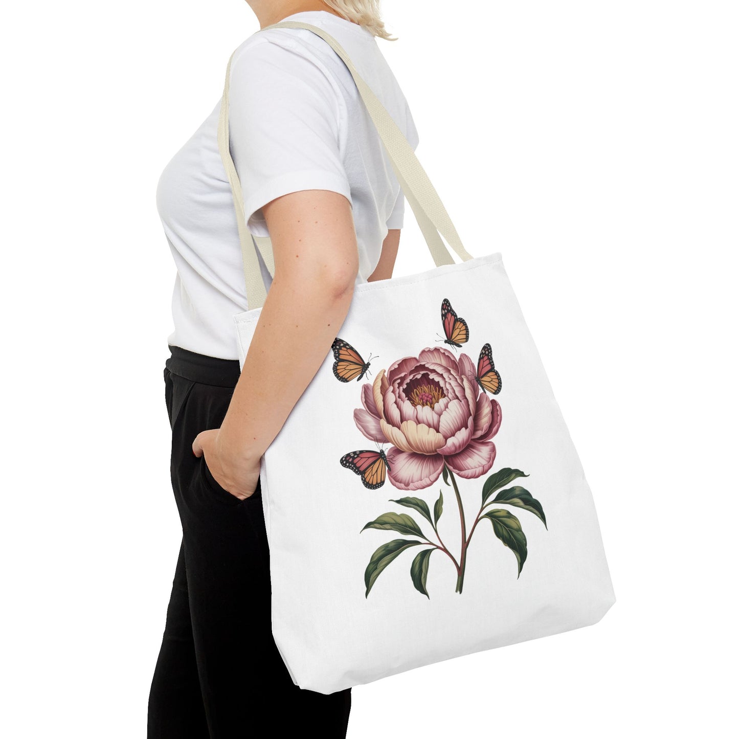 Botanical with Vintage-Inspired Illustration Tote Bag featuring vibrant floral and butterfly designs, perfect for nature enthusiasts. Durable polyester, reinforced handles, and available in multiple sizes, ideal for versatile everyday use.