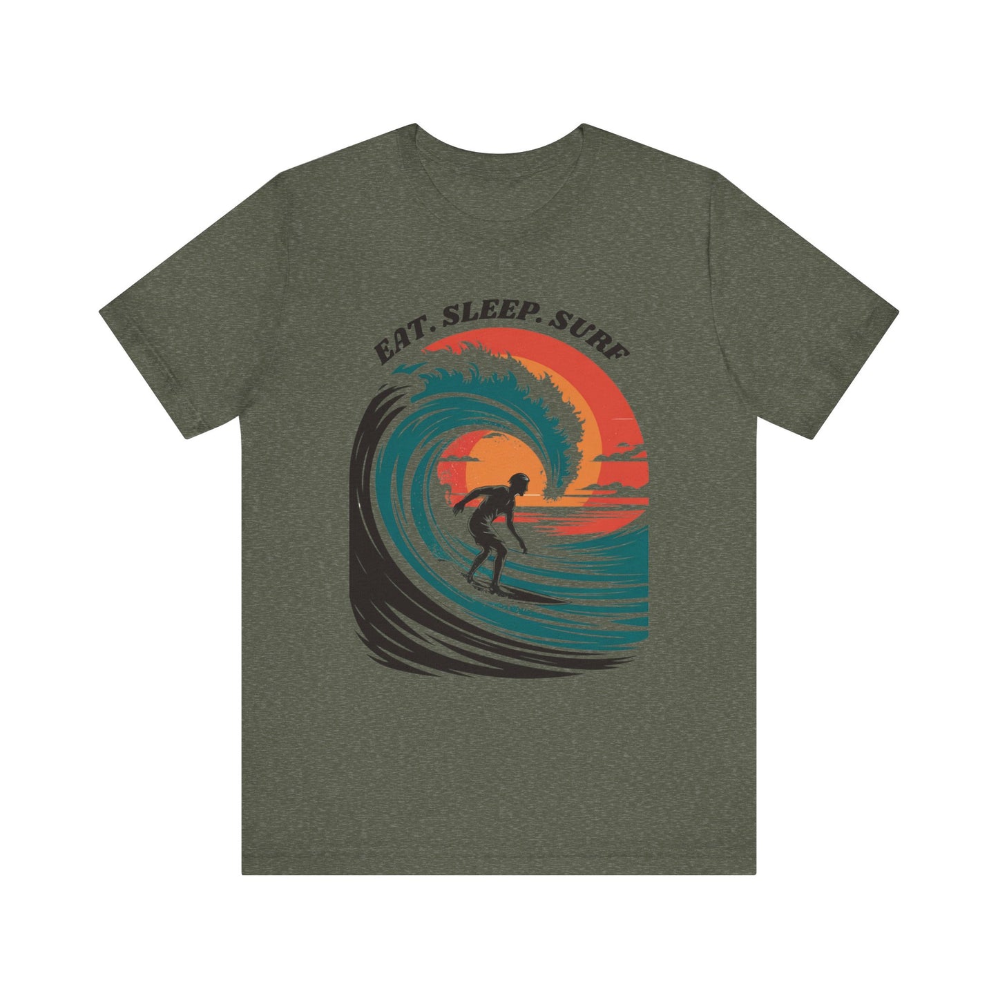 Surf Tee - Eat Sleep Surf Design: A t-shirt featuring a graphic of a man surfing, embodying a relaxed, beachy vibe, perfect for surf enthusiasts and casual summer wear.