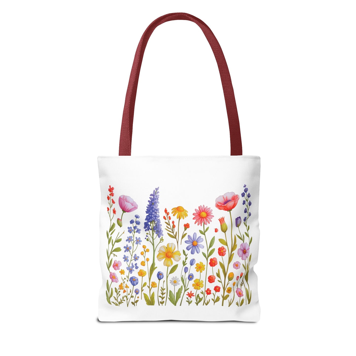 Wildflowers Tote Bag showcasing a vibrant wildflower design, ideal for nature enthusiasts. Made of durable polyester with reinforced handles, perfect for everyday use, from shopping to beach outings. Available in multiple sizes.