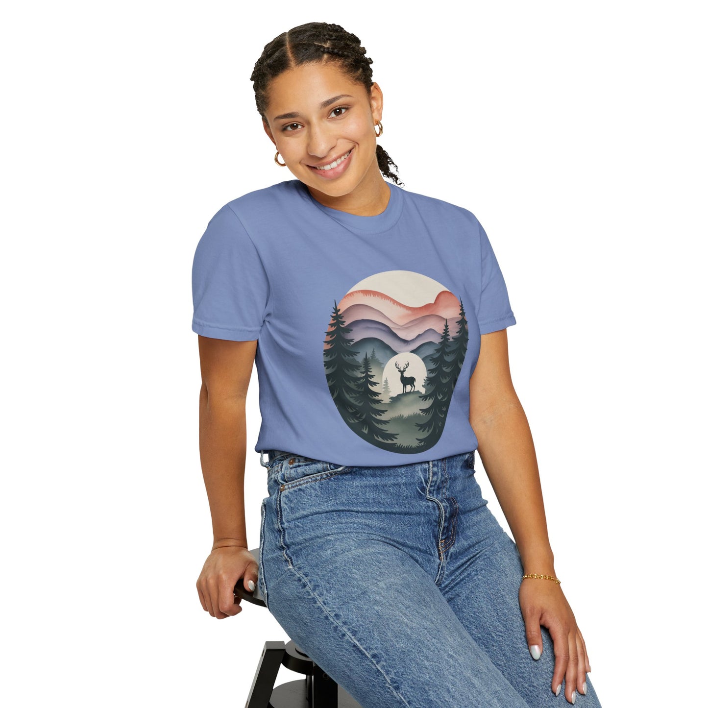 Nature Wanderer T-Shirt featuring indigo-to-lavender layered mountain silhouettes, celestial moon, and minimalist stag, capturing wilderness and tranquility—perfect for nature lovers seeking comfort and style from FireBrook Essentials.