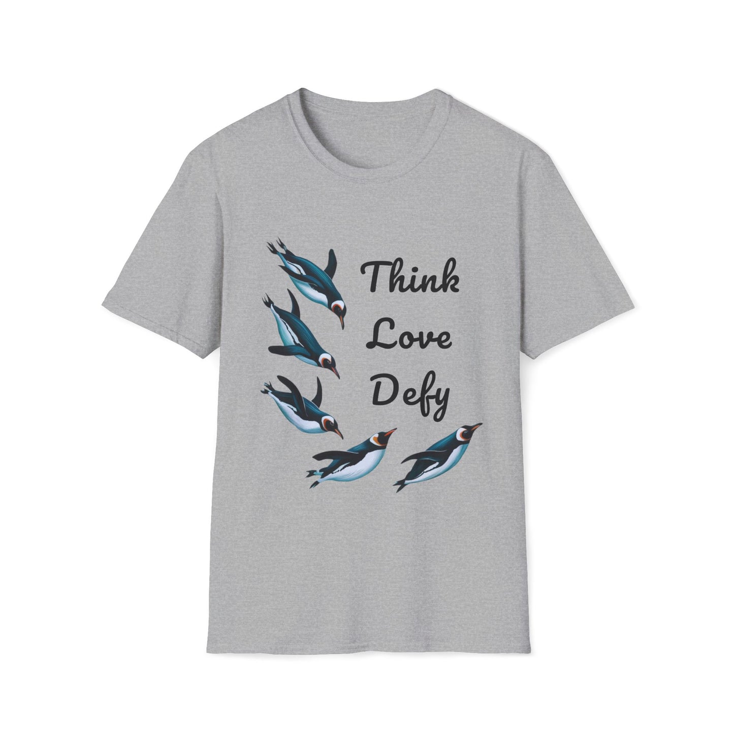 Think Love Defy Penguin Animal Nature Gildan Unisex T-Shirt featuring playful penguin designs, ideal for nature enthusiasts. Made from eco-friendly cotton, it offers comfort and style for casual or outdoor wear.