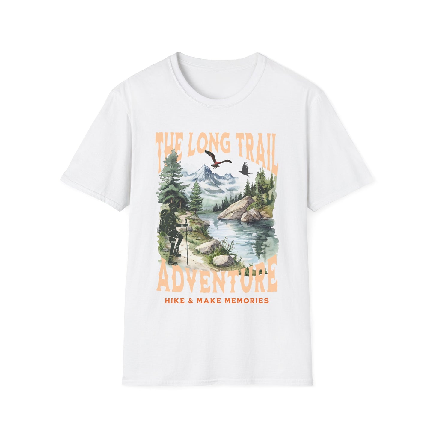 The Long Trail Adventure Hike & Make Memories Gildan Unisex T-Shirt features a nature-inspired graphic with a river and birds, perfect for outdoor enthusiasts seeking comfort and style.