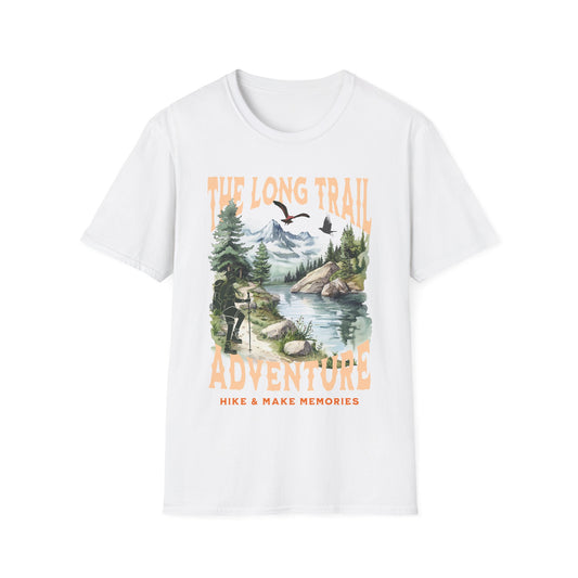The Long Trail Adventure Hike & Make Memories Gildan Unisex T-Shirt features a nature-inspired graphic with a river and birds, perfect for outdoor enthusiasts seeking comfort and style.