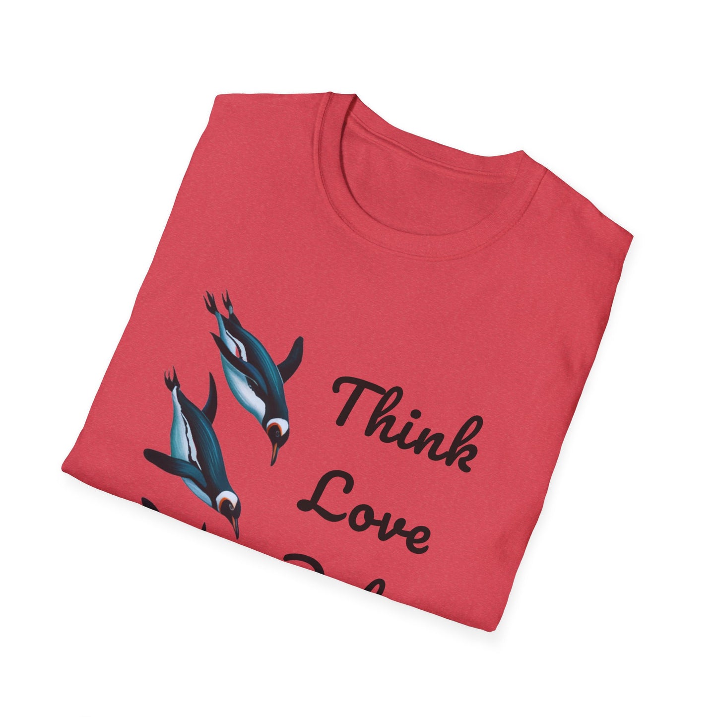 Think Love Defy Penguin Animal Nature Gildan Unisex T-Shirt, featuring a folded design with penguins, ideal for casual wear and nature lovers. Made from 100% ring-spun cotton for comfort and durability.