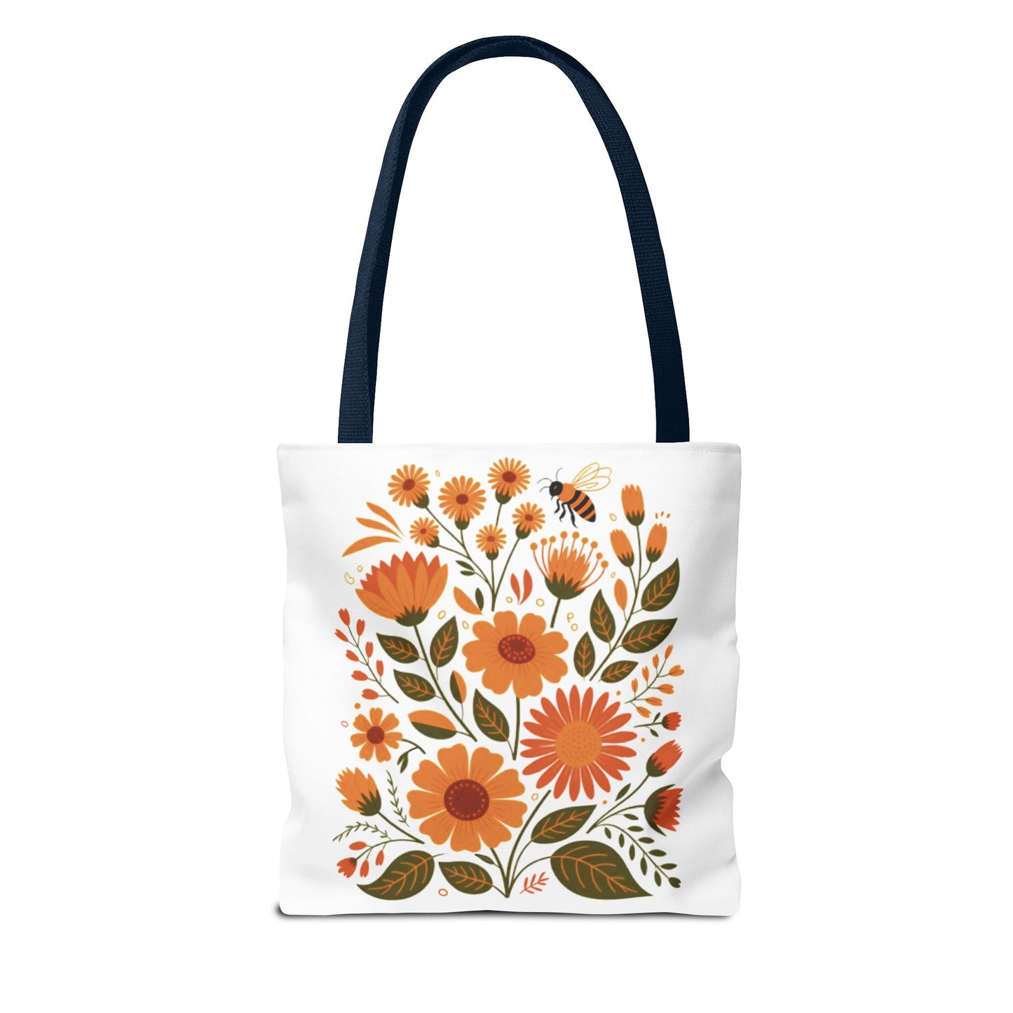 Folk Floral Tote Bag showcasing vibrant hand-drawn wildflowers, perfect for everyday use. Crafted with durable polyester, reinforced handles, and boxed corners, embodying FireBrook Essentials' commitment to style and practicality.