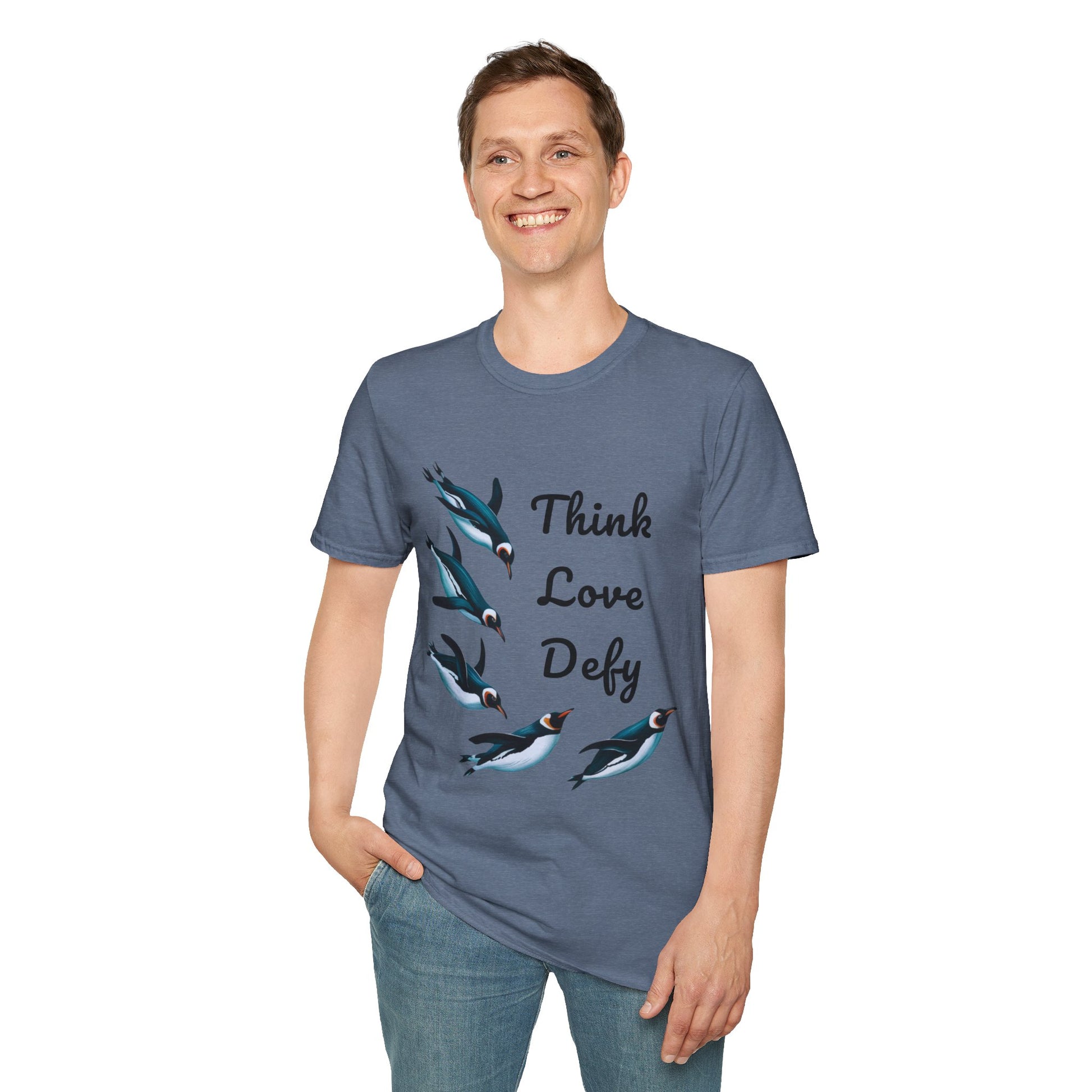 Think Love Defy Penguin Animal Nature Gildan Unisex T-Shirt featuring a smiling man wearing the penguin design, highlighting casual wear for nature lovers, perfect for outdoor adventures.