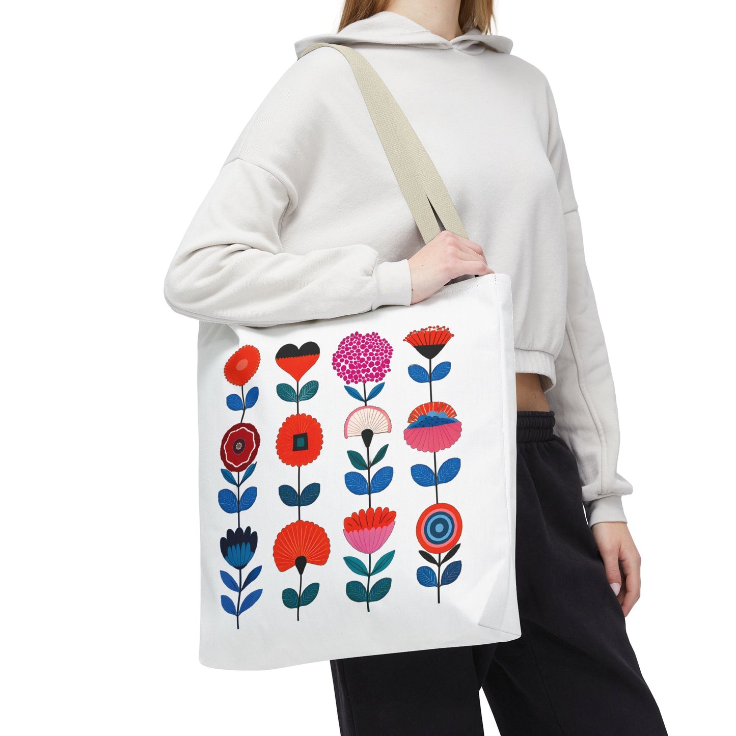 Woman holding a Floral Pattern Tote Bag, showcasing its vibrant floral design and practicality, ideal for everyday use.