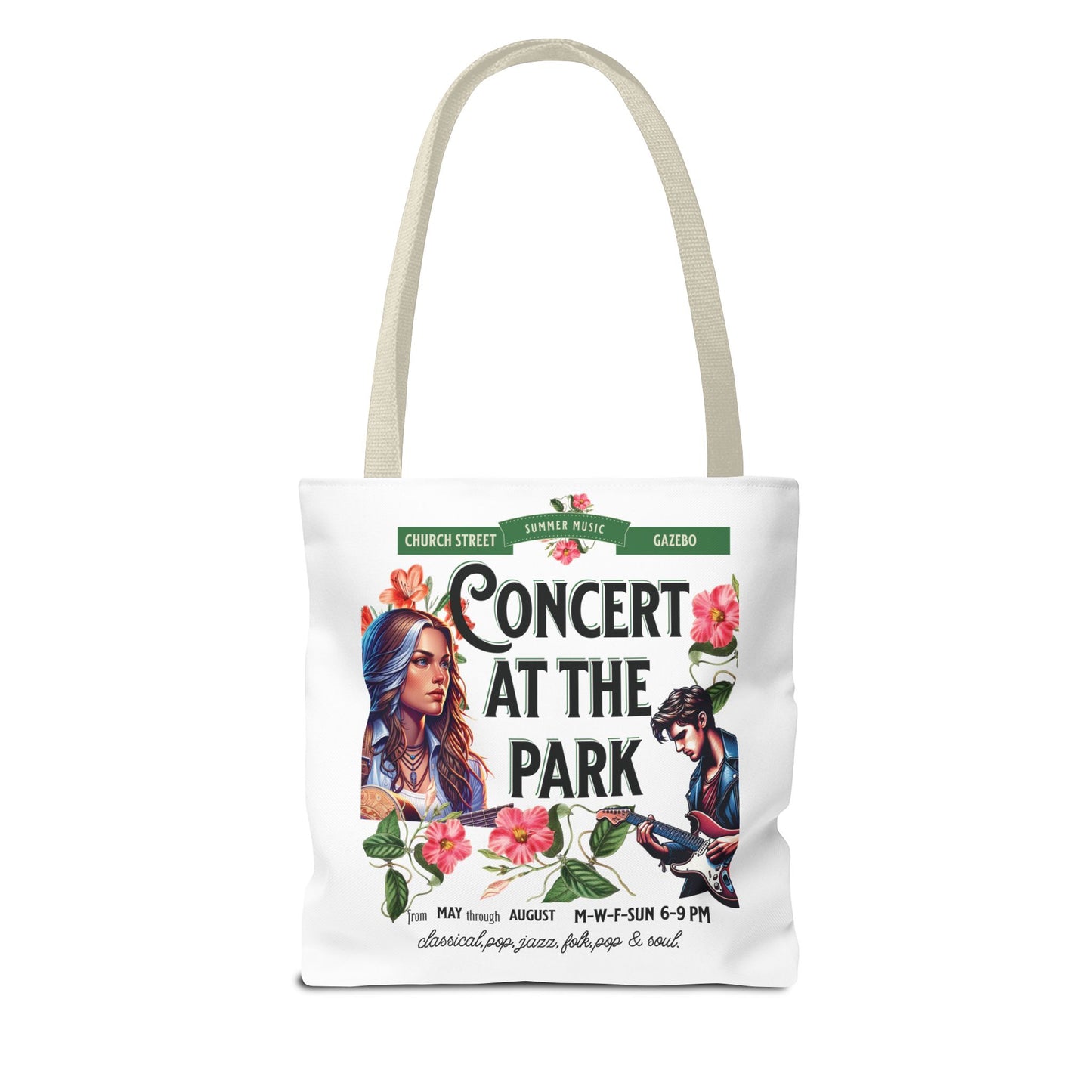 Concert At the Park Tote Bag featuring a graphic of people playing guitars, ideal for music lovers and outdoor enthusiasts. Durable polyester for everyday use.